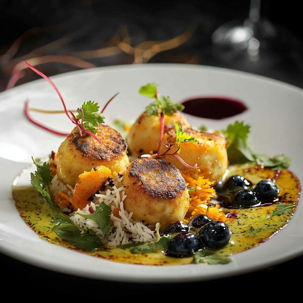 paneer and royal cumin dumplings. served with blueberry pilau rice.
