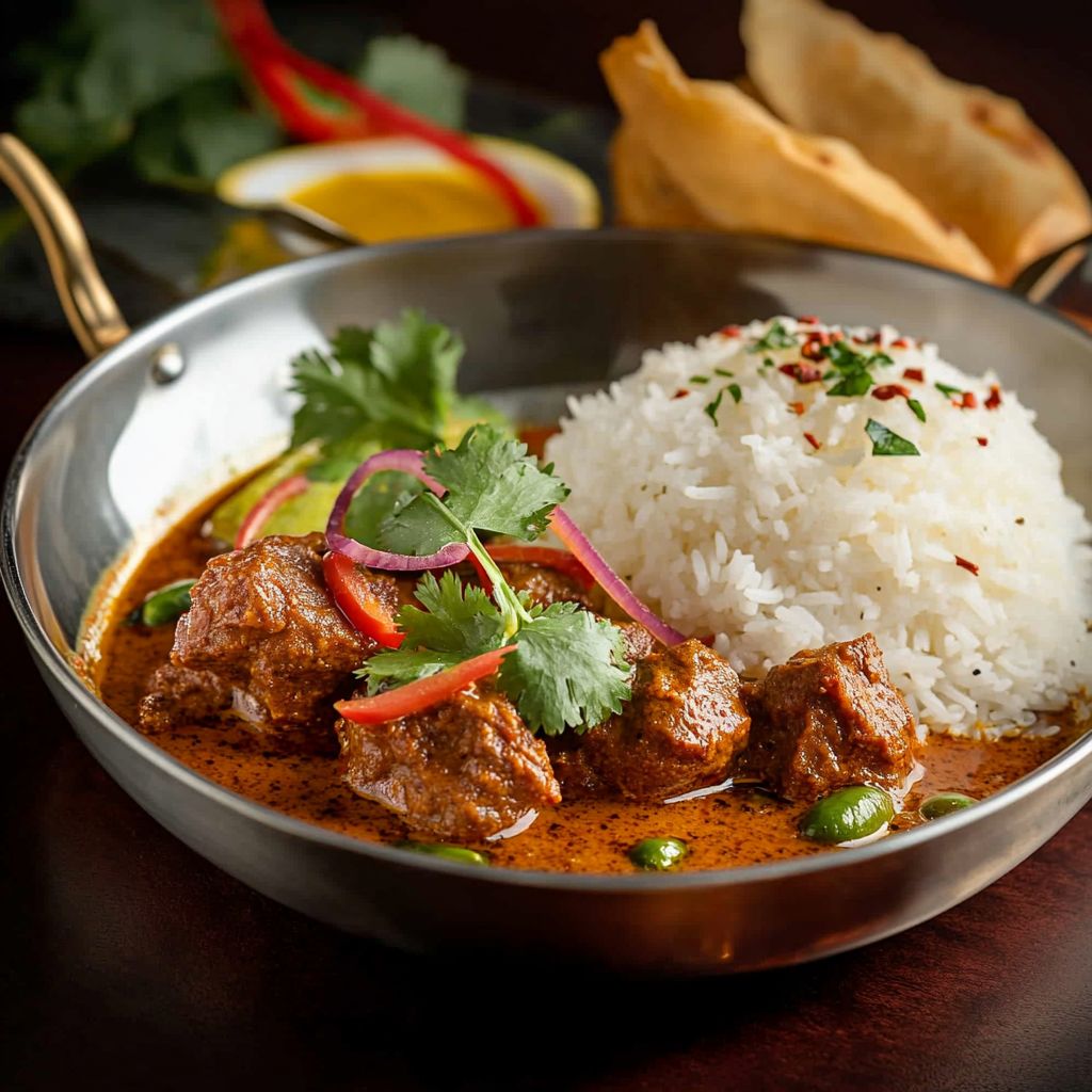 street food style twice cooked beef vindaloo curry. served with steamed basmati rice.