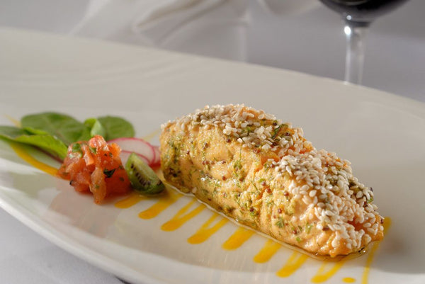 tandoori smoked salmon in a velvet coating with nigela seeds and dill