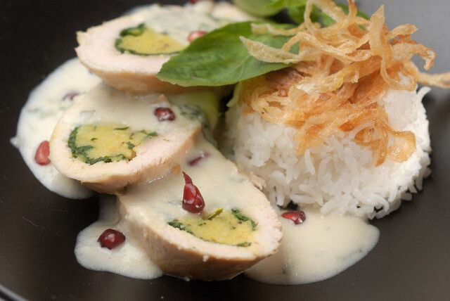 norfolk free range chicken breast supreme. served with beetroot rice.