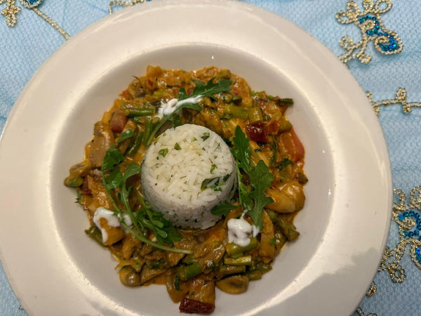 wild mushroom and asparagus thoran. served with herbed rice.