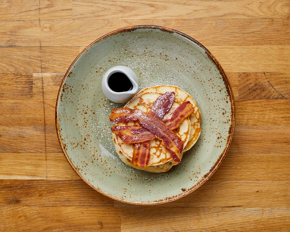 Buttermilk Pancakes with smoked streaky bacon & Boston maple syrup from Boston Tea Party Salisbury