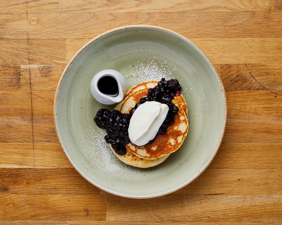 Buttermilk Pancakes with blueberry compote, natural yoghurt & Boston maple syrup from Boston Tea Party Salisbury