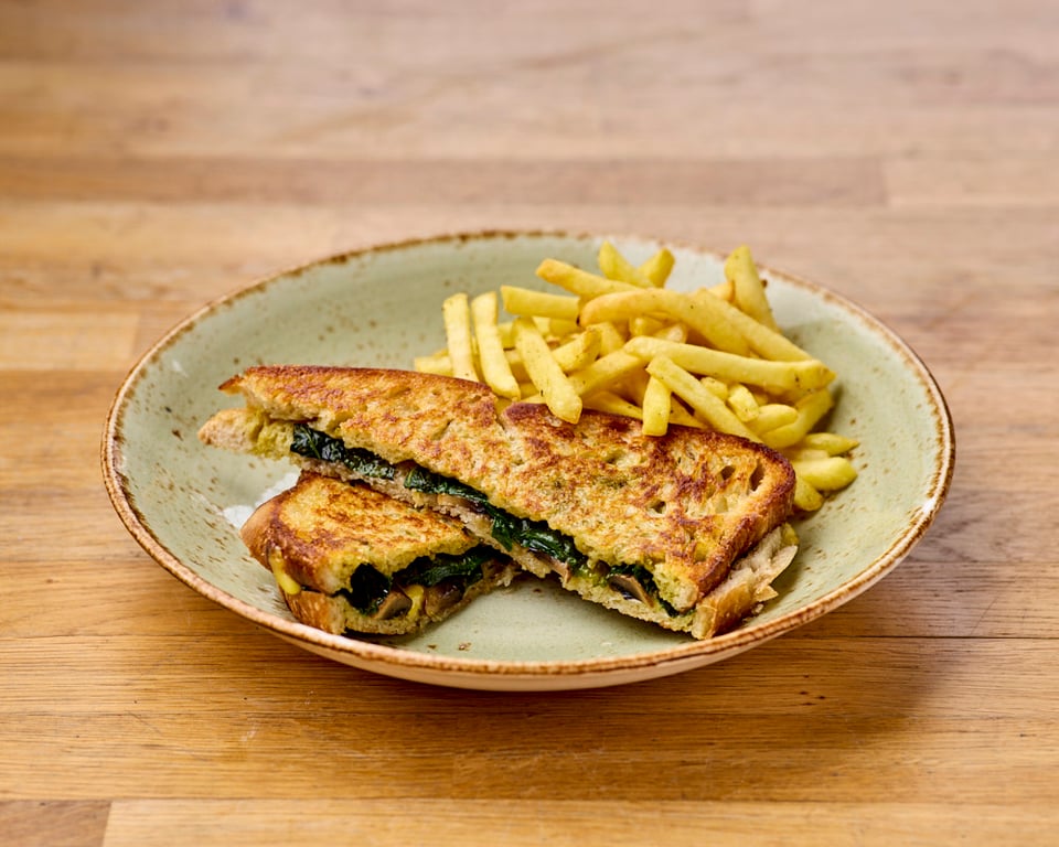 Vegan Pesto, Mushroom & Cheese Sourdough Toastie from Boston Tea Party Salisbury